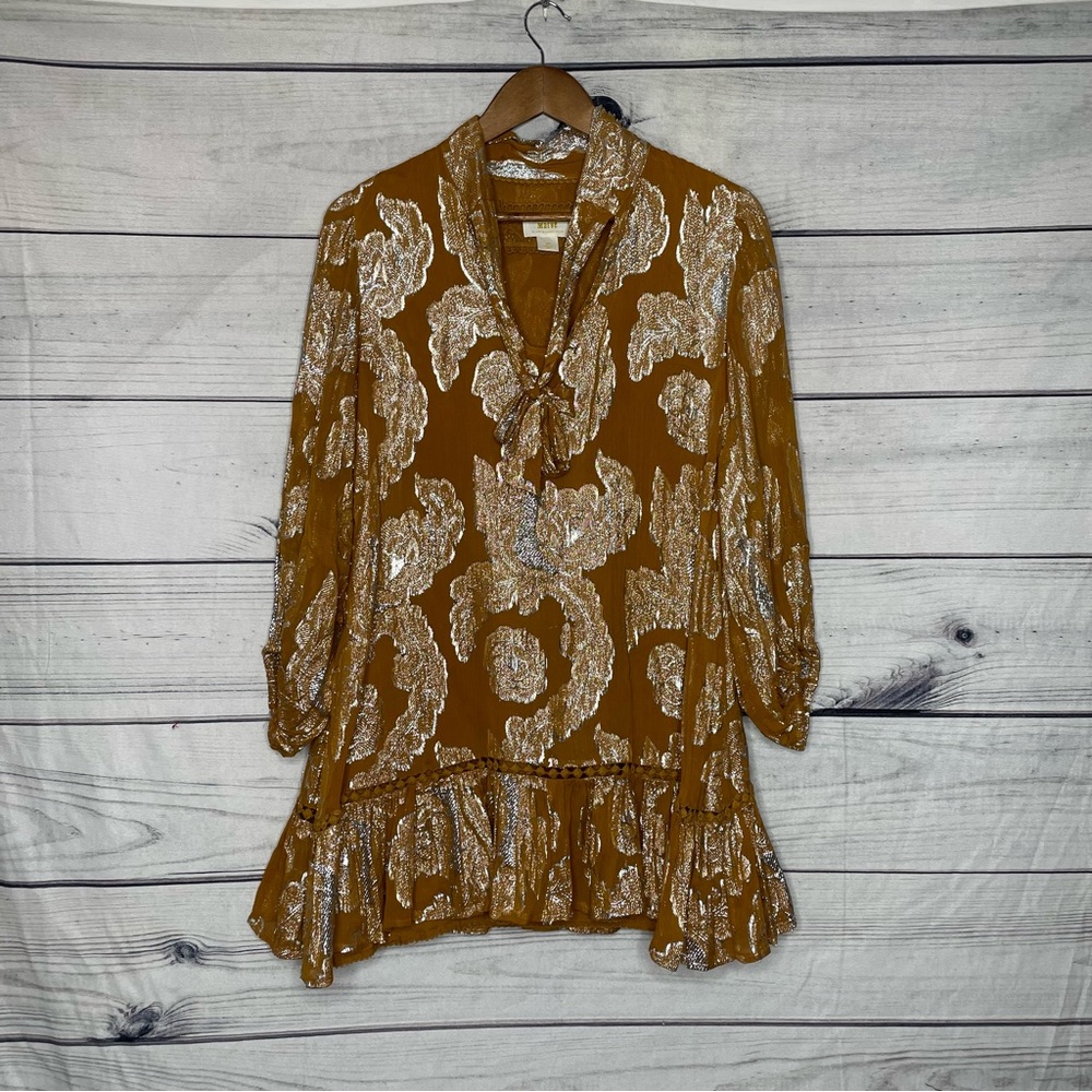 Anthropologie Maeve gold flounce skirt dress petite M - Picture 2 of 14